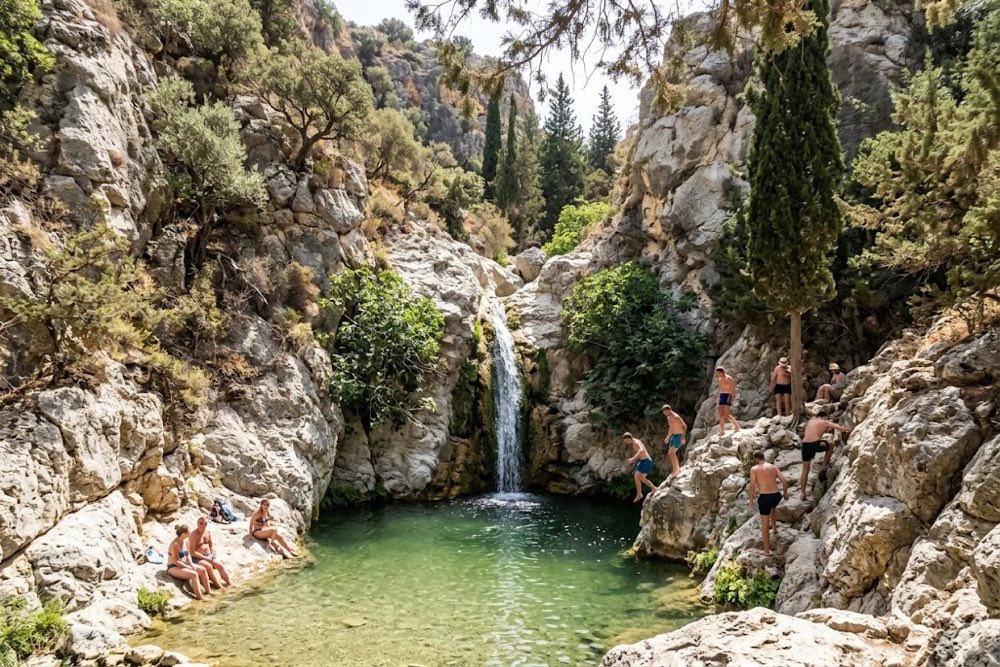 Freshwater waterfall dropping into a green natural rock pool in a wooded gorge